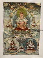 Full view of Thangka textile with central deity and two smaller deities below