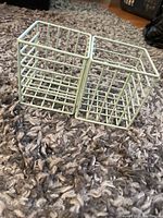 Light green metal wire pen holder organizer with two square compartments shown from an angled top-front view on carpeted surface.