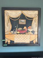 Full image of the folk art painting showing the still life scene with fruit, table, and curtains.