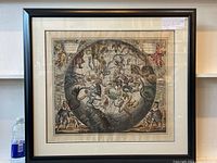 Framed hand-colored celestial map print showing entire Southern Stellar Hemisphere sphere with surrounding mythological figures and constellation art.