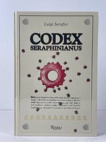 Front cover of the Codex Seraphinianus book showing the title, author, and publisher along with graphic artwork and emblematic illustrations.