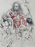 Close-up of artwork showing central figure and red ink highlights