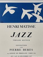 Close-up image of lithograph showing four white stylized birds on blue background with exhibition text below.