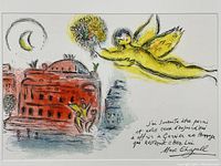 Close view of lithograph artwork showing yellow angel, red Opéra building, hand-written dedication at bottom right.