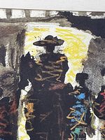 Close-up image showing abstract bullfighter figure in muted colors with yellow background highlights.