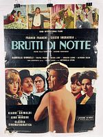 Full front view of the "Brutti di Notte" film poster showing actors and title with visible fold marks and edge wear.