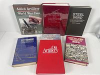Front covers view of seven artillery books including 'Allied Artillery of World War Two', 'Field Artillery and Firepower', and 'Steel Wind'.
