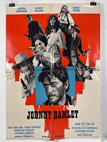 Full image of one Johnny Hamlet poster with red background and blue letters showing multiple actors.