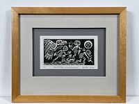 Full view of the framed etching showing the light wood frame, double mat and centered artwork.