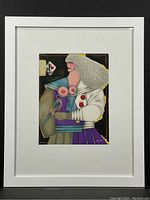 Full view of framed original lithograph by Richard Lindner showing the colorful surreal woman, bird, and playing cards.
