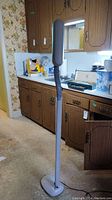 Full view of Ott-Lite floor lamp standing on floor, showing base and flexible neck in a kitchen setting.