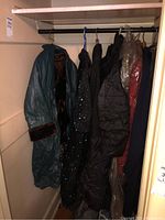 Multiple vintage coats hanging on a rod inside a closet, including a green leather coat, studded black coat, black padded coat, one in red protective cover, and navy coat.