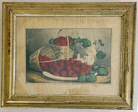Framed hand-tinted print of strawberries in baskets and plate predominantly red and green colors, vintage condition with visible wear to frame.