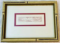 Full view of framed etching showing piece titled 'Brick Vine' by Edie Miller in a distressed wooden frame.