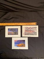 Three framed vintage art pictures approximately 7x5 inches each with a ruler for scale.