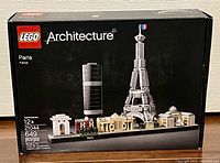 Front view of the sealed LEGO Architecture Paris France set box with product details and piece count.
