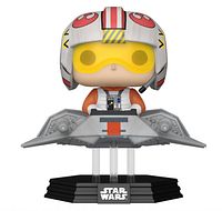 Front view of the Luke Skywalker figure in pilot uniform with helmet, seated in the T-47 Airspeeder with a black base labeled Star Wars.