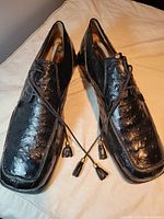 Pair of men's black Florsheim dress shoes with crocodile and ostrich leather textures, leather tassels on laces visible from top view.