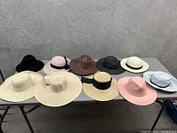 Photo of ten women's hats in a variety of styles and colors including wide brim, straw and felt, arranged on a gray table in front of a textured gray wall.
