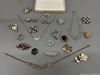 Top view of costume jewelry laid out with vintage Hudson Bay jewelry box in background. Shows various brooches, rings, earrings and necklaces.