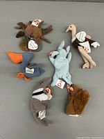 Six early TY Beanie Babies arranged on a flat surface showing variety of animal shapes and colors. Each plush has the TY red heart tag visible.