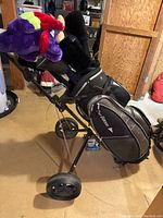 Full view of Top Flite golf bag on a push cart with visible wheels and strap system