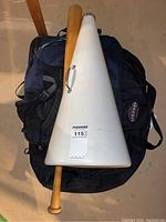 Photo of a wooden baseball bat, white plastic megaphone, and black and blue sports bags stacked on a basement floor.