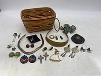 Wide top view showing the entire collection of jewelry items and small Longaberger basket.