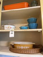 Photo of Pyrex casserole dishes and mixing bowls on shelves, including floral and blue designs