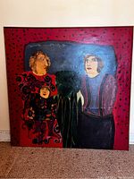 Full view of the large oil painting showing three stylized figures in front of a red background with black dots.