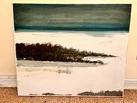 Full view of painting showing sky, forest area, and foreground with water or terrain.