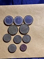 Top side showing designs on the 1 Euro and lower denomination coins including 50 cent and 10 cent coins