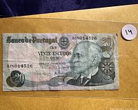 Front side of the Portugal 20 Escudos banknote showing the portrait and denomination with serial BJN014526.