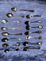 Top view of 14 assorted collectible souvenir spoons arranged side by side showing varying handle designs and bowl shapes.