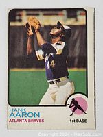 Front of 1973 OPC Hank Aaron baseball card showing player image, name, team, and position