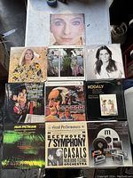 Photo of 9 vintage vinyl records arranged on a surface showing album covers and some wear.