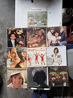 Photo showing the 10 vintage vinyl record covers arranged in a grid on the floor.