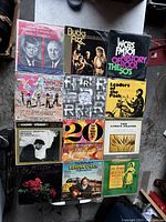 Photo of 12 vintage vinyl records with various album covers laid out on the floor.