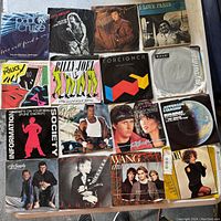 Photo showing all 16 vintage 7-inch vinyl records laid out on a surface, various artists and covers visible.