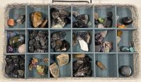 Overview of the full 18-section tray containing assorted mineral specimens, both polished and raw, showing varied colors and textures.