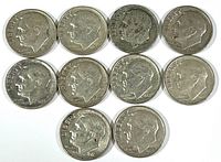 Top view of the obverse side of ten silver Roosevelt dimes showing Franklin D. Roosevelt profile.