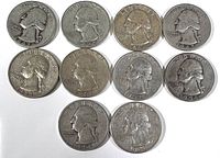 Obverse (front) of 10 Washington quarters arranged in two rows, showing dates mostly between 1934 and 1954 with visible wear.