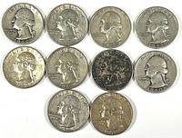 Obverse sides of 10 pre-1965 Washington quarters showing George Washington's profile and dates between 1940-1964.