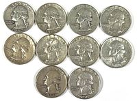 Obverse view of 10 U.S. Washington quarters showing dates from 1941 to 1965.