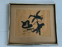 Full frontal view of framed and matted silkscreen on burlap showing overall presentation