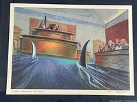 View of the full limited edition pastel print showing shark fins swimming across the courtroom carpet towards the judge, including numbering and title handwritten along the bottom edge.