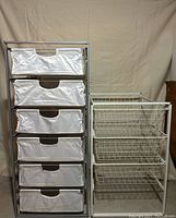 Front view of two shelving units; one with fabric drawers, one with wire baskets.
