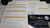 Ring placed on certification documents showing grading and authenticity details including 2.0 carat weight, oval cut, VVS1 clarity, D color, excellent cut, polish and symmetry.