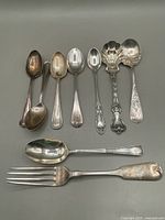 Overview of seven spoons lined up with serving scoop and dinner fork below
