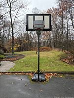 Full outdoor basketball hoop setup with backboard, rim, net, pole, and base on paved driveway, fall season with leaves on the ground.